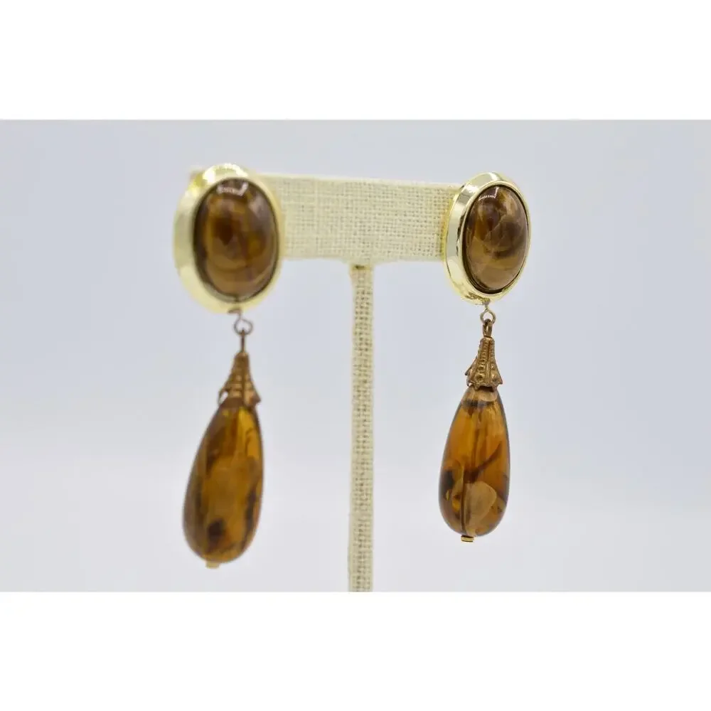 Vintage Dangle Earrings Lucite Marbled Brown Tortoise Chunky 1980s 9L
